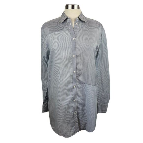 Maje Shirt L Womens Blue Gray Pinstripe Long Sleeves Button Front Cotton Long - Picture 1 of 8